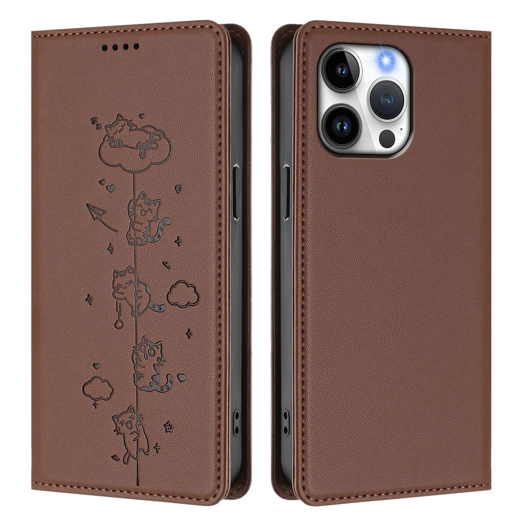 For iPhone 16 Pro Max Case RFID Blocking Wallet Stand Imprinted Cat Pattern Leather Phone Cover