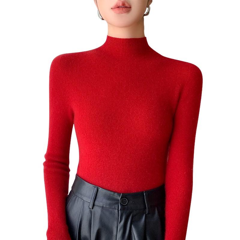 Women's Seamless Half-High Neck Knit Sweater: Versatile, Tight-Fitting Base Layer for Autumn and Winter