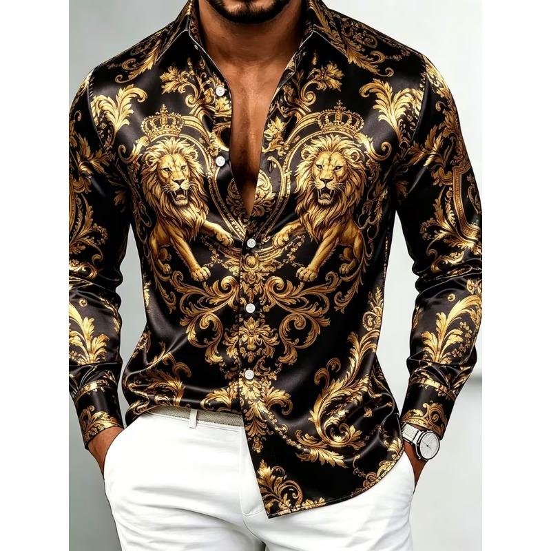 New Crown Lion Baroque Floral 3D Printed Long Sleeved Shirt with a Smooth Drape and Satin Lapel for Men