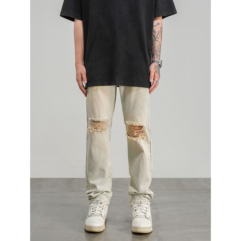 Black of Exit Chinese Fad Washed Yellow Ripped Straight Denim Male and Female Students Easiest for Match Yellow Mud Pants