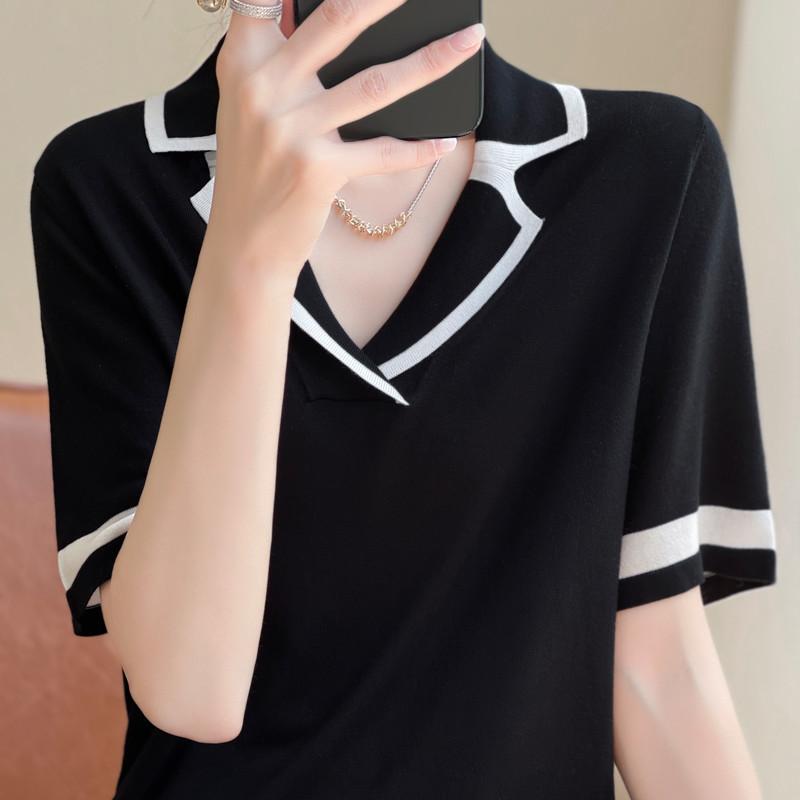 Temperament Summer Versatile Lapel Sweater Short-sleeved Summer Thin Loose Versatile T-shirt Women's Slim Top