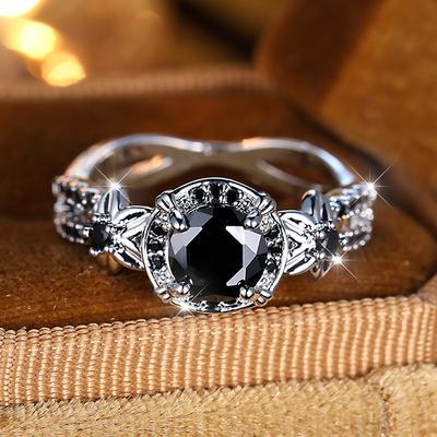 Persoonlijkheid Zwarte Ronde Zirkoon Bloem Verlovingsring voor Vrouwen Zilveren Kleur Bruiloft Sieraden voor Bruid Luxe Cadeau