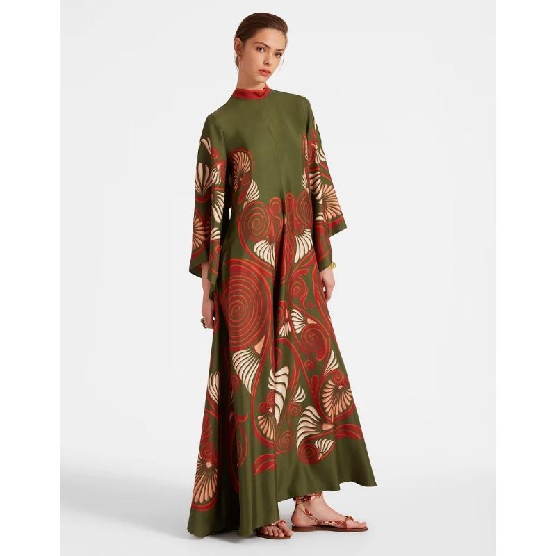 

VEZFAA Женская мода весна осень цветочный узор с длинным рукавом стойка-воротник свободная талия повседневные платья XXL темно-зеленого