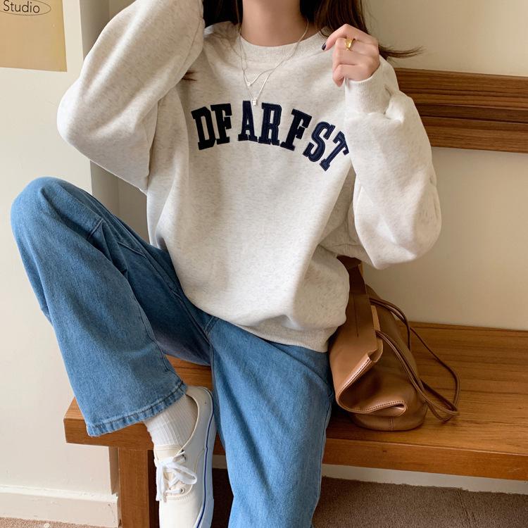 Fleece Thickened Autumn and Winter Letter Printed Sweater Women's Loose Crew Neck Student Long Sleeve Jacket