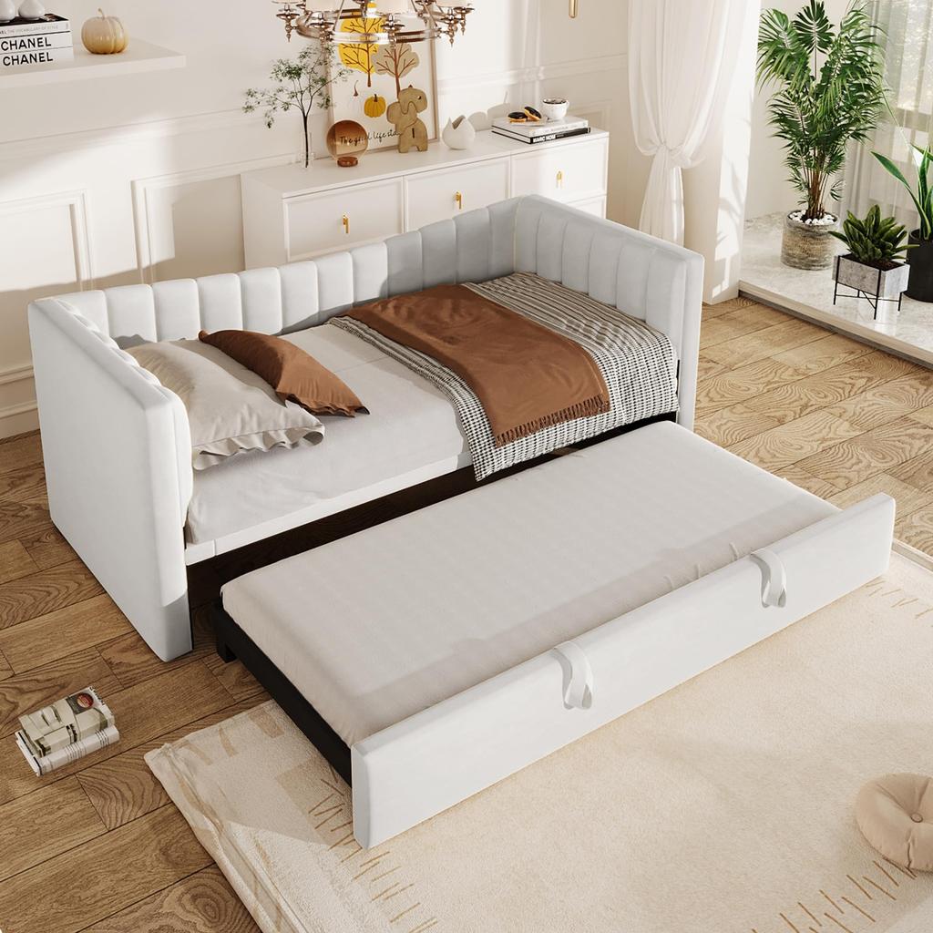 Daybed 90x200/180x200 Sofa Bed Upholstered Bed Pull-Out Bed, Slatted Frame, Single/Double Bed Guest Bed, Velvet, Minimalist Style, White