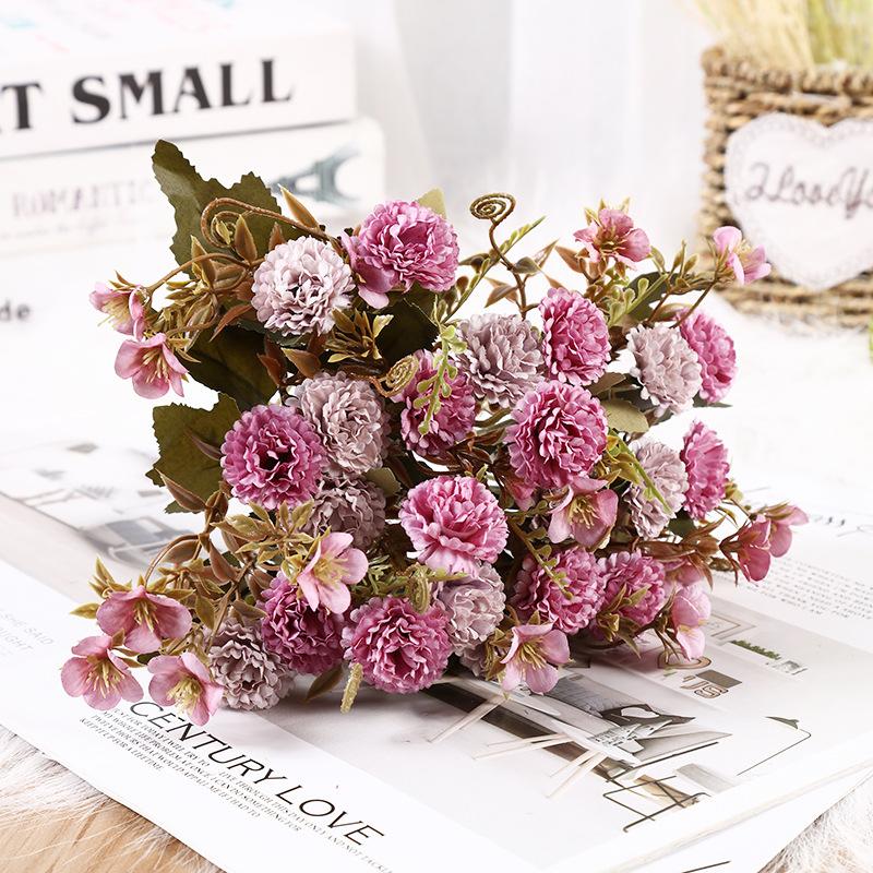 Bouquet di Fiori Artificiali Rosa e Viola, Garofano e Ortensia Finti in Seta per Decorazioni Casa e Matrimonio