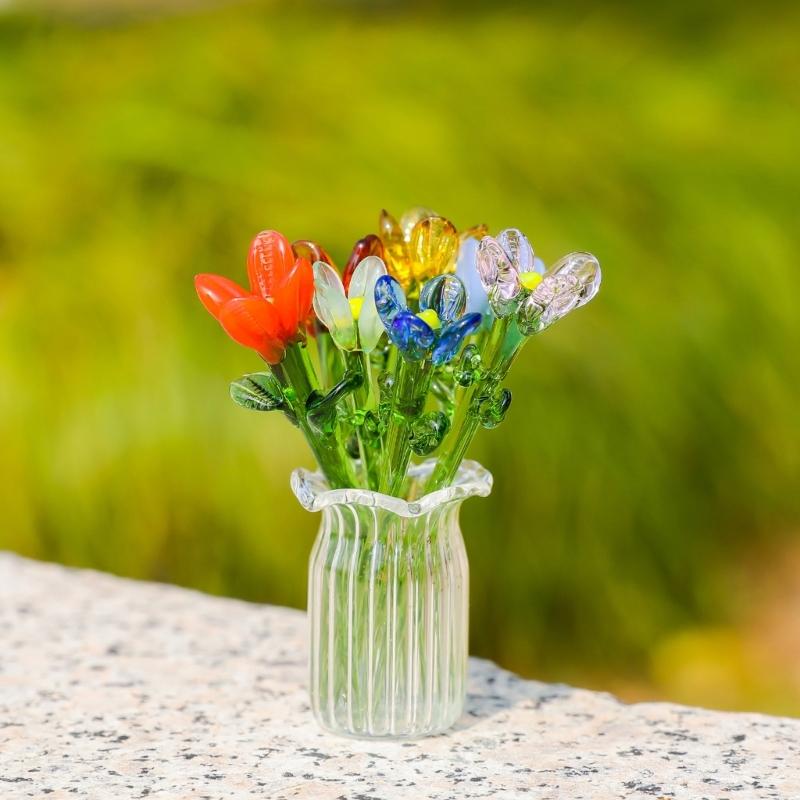 Elegante Ramo de Flores de Cristal Decoraciones de Mesa Perfectas Para Hogar Oficina y Regalo Con 7 Flores Realistas
