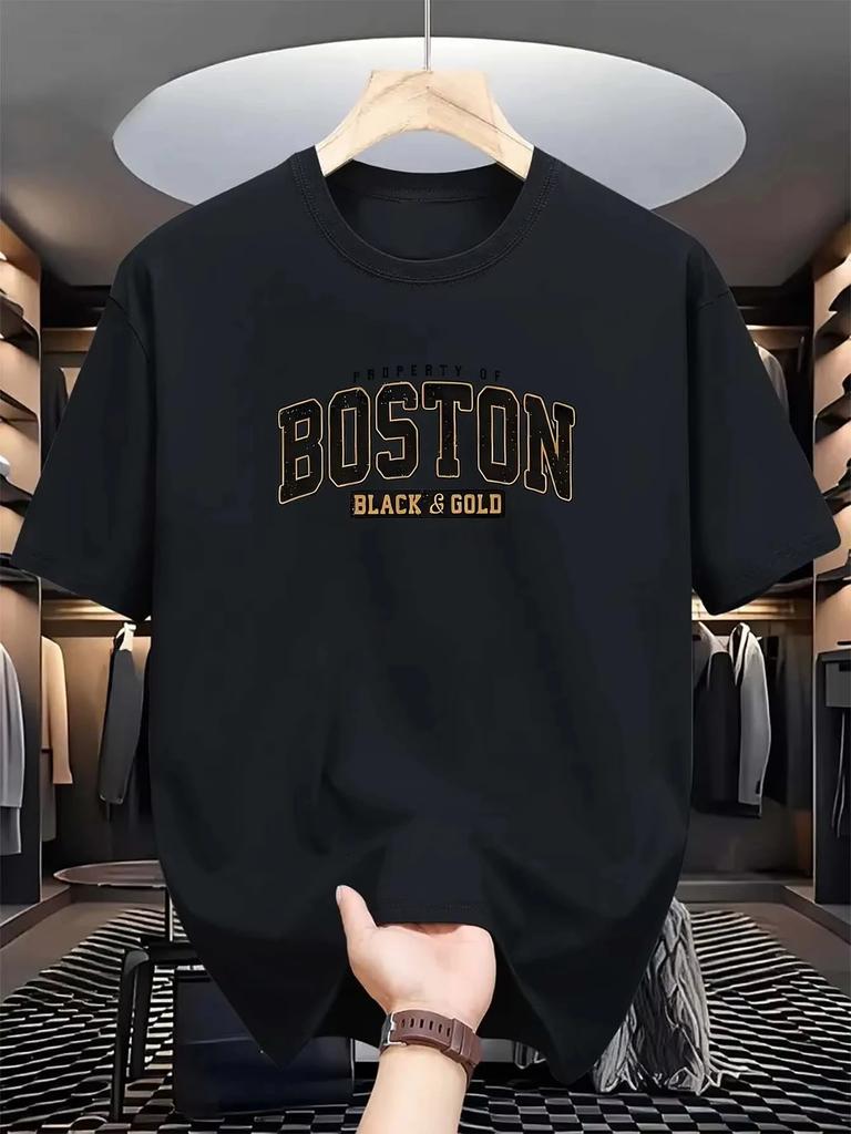 2025 Men's Casual Fashion Trend round-neck T-shirt, Boston print, 100% pure cotton short-sleeved summer top