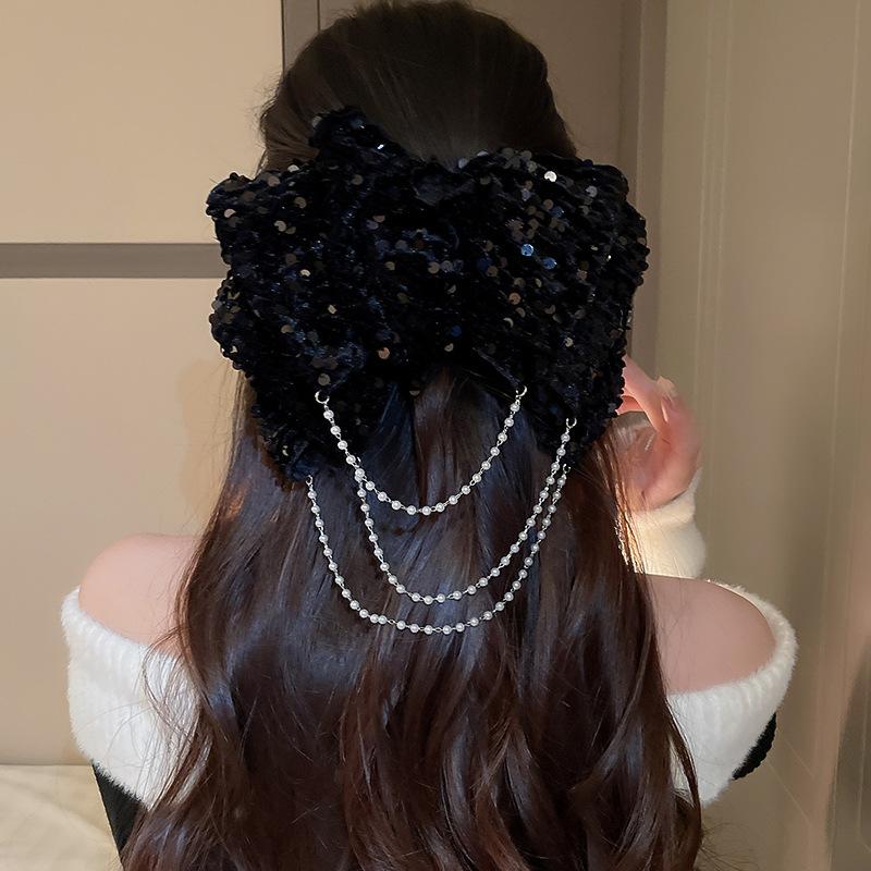 Retro Velvet Sequin Bow Hair Clips Tassel Spring Clip Fashion Pearl Hairpins Headpiece Korean Hair Accessories for Womeni-Remiel