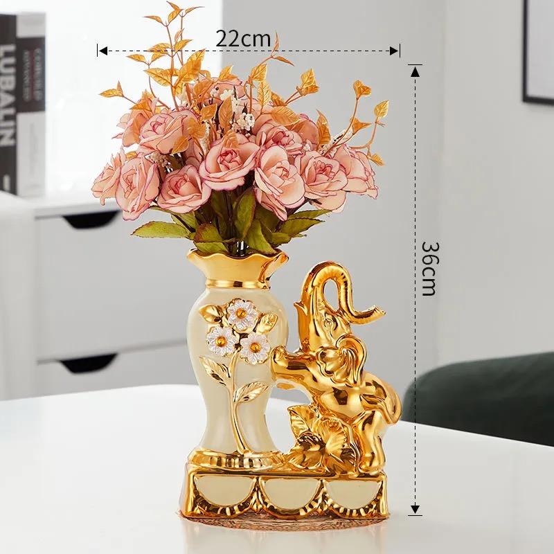 Keramik-Elefantenvase im europäischen Stil – Dekorative Figur mit künstlichen Blumen für Zuhause oder Tischplatte