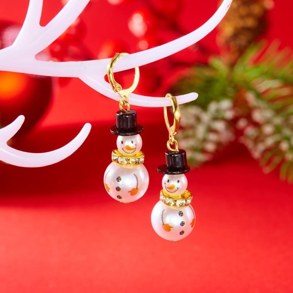 Imitation Pearl Snowman Earrings Rhinestone Xmas Dangle Earrings Christmas Earrings  Holiday