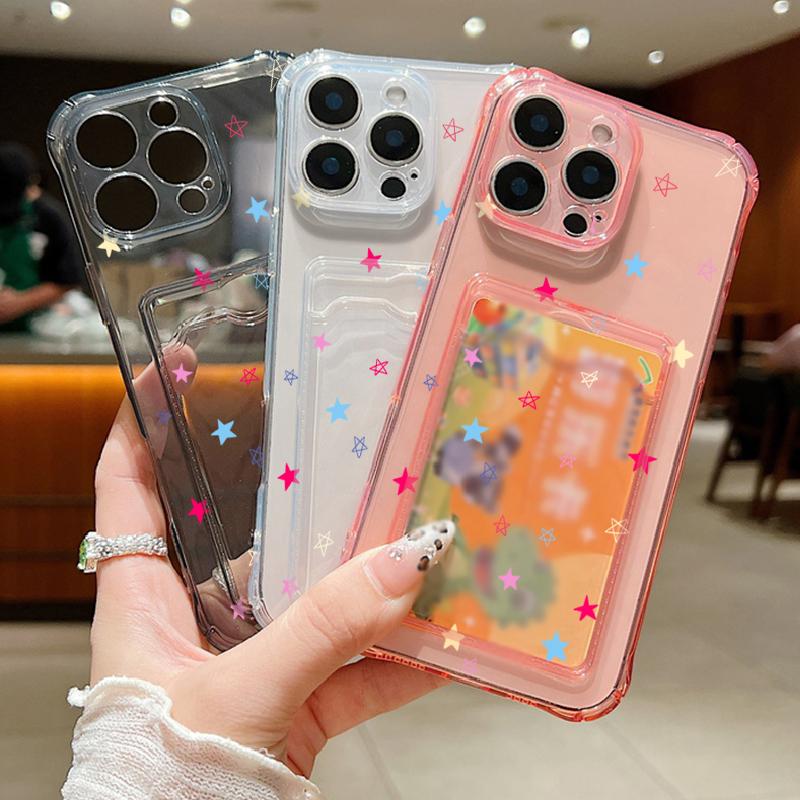 Soft Silicone Clear Card Slot Phone Case for iPhone 16 Pro 15 14 13 Pro Max 12 11 Colorful Stars Pattern Shockproof Lens Protection Solid Color Cover