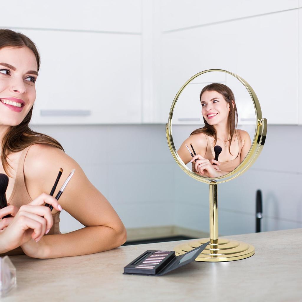 Wtrgas Makeup Tabletop Round 360 Degree Simple Magnifying Mirror Diameter Golden Mirror, Mirror, Double-Sided Mirror, Rotation, Design, 17.4cm,