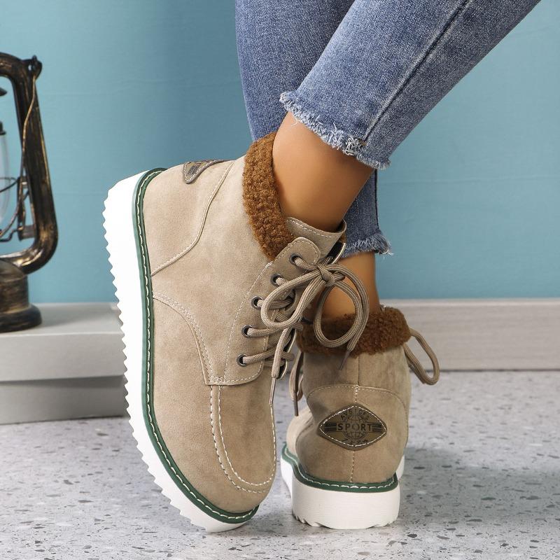 Foreign trade large size women's boots 2025 winter new thick-soled cotton boots women's solid color foot cover warm lace-up hair mouth short boots