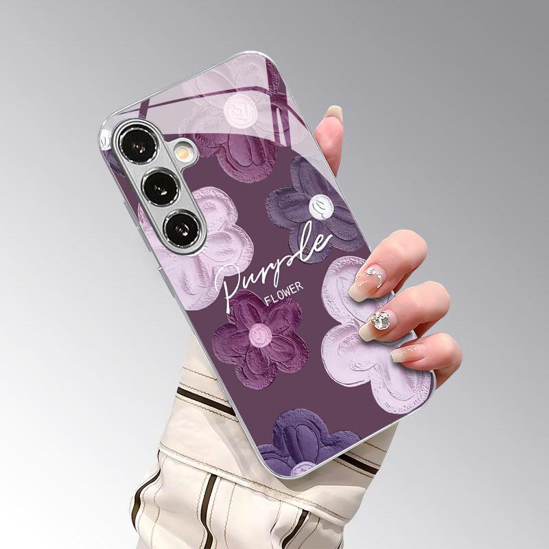 Purple Flower Oil Painting Pattern 2D Phone Case for Samsung S26 S25 S24 S23 S22 S21 S20 A56 A36 A16 - Electroplated Glass