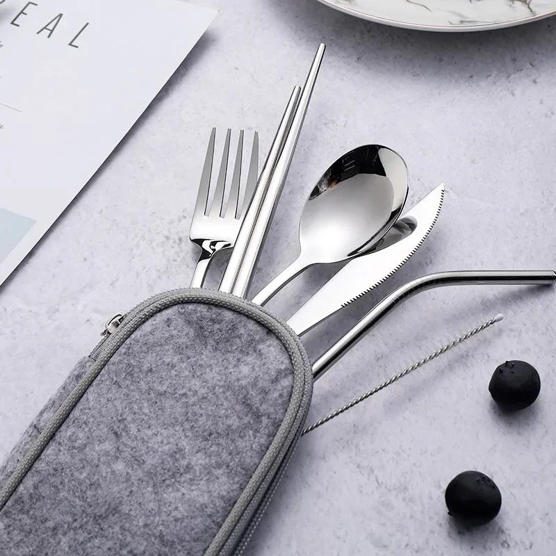 Tableware Reusable Travel Cutlery Set Camp Utensils Set with Stainless Steel Spoon Fork Chopsticks Straw Portable Case
