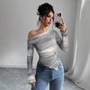 Brown Mesh One-Shoulder Ruffle Blouse with Gradient Color and Wave Sleeve