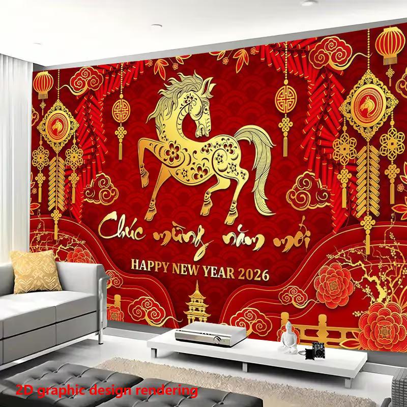 2D Chuc Mung Nam Moi Backdrop, Happy New Year 2026 Horse Themed Background for Vietnamese Tet Decor