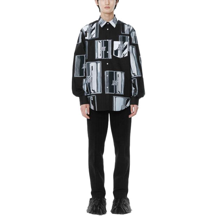 WE11DONE FW21 Printed Long Sleeve Shirt Men Shirts WD-BL3-21-146-M-BK