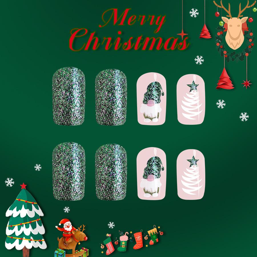 BEPAN 24Pcs Green Santa Press On Nails Short Glossy Square Full Cover Fake Nail Tips Christmas Tree with Glitter False Nail Festival