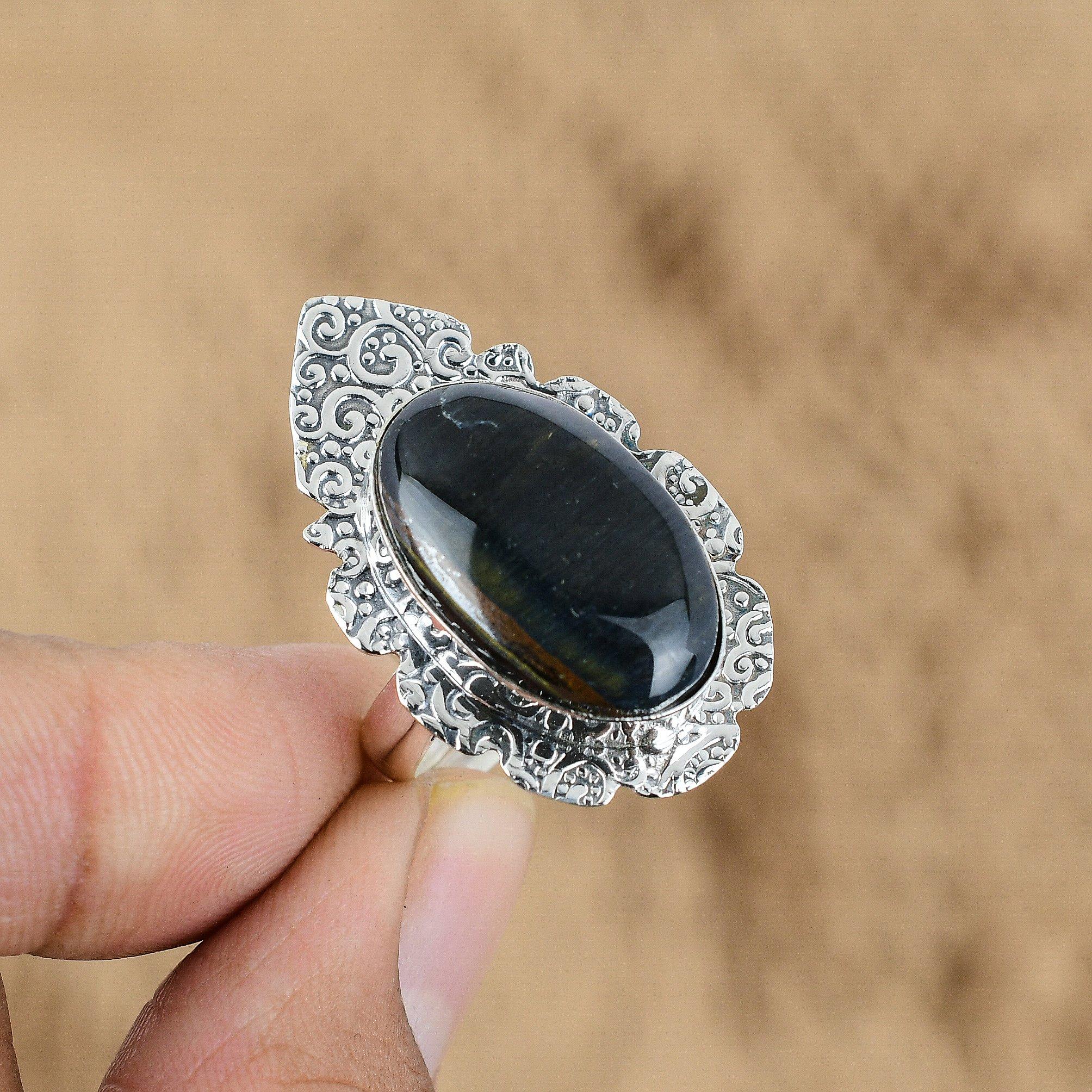 

925 Sterling Silver Oval Natural Pietersite Promise Wedding Sister Ring Jewelry Yes