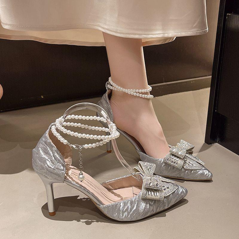Premium pearl chain pointed tip not tired feet single shoes 2025 new hollow rhinestone bow stiletto high heels women