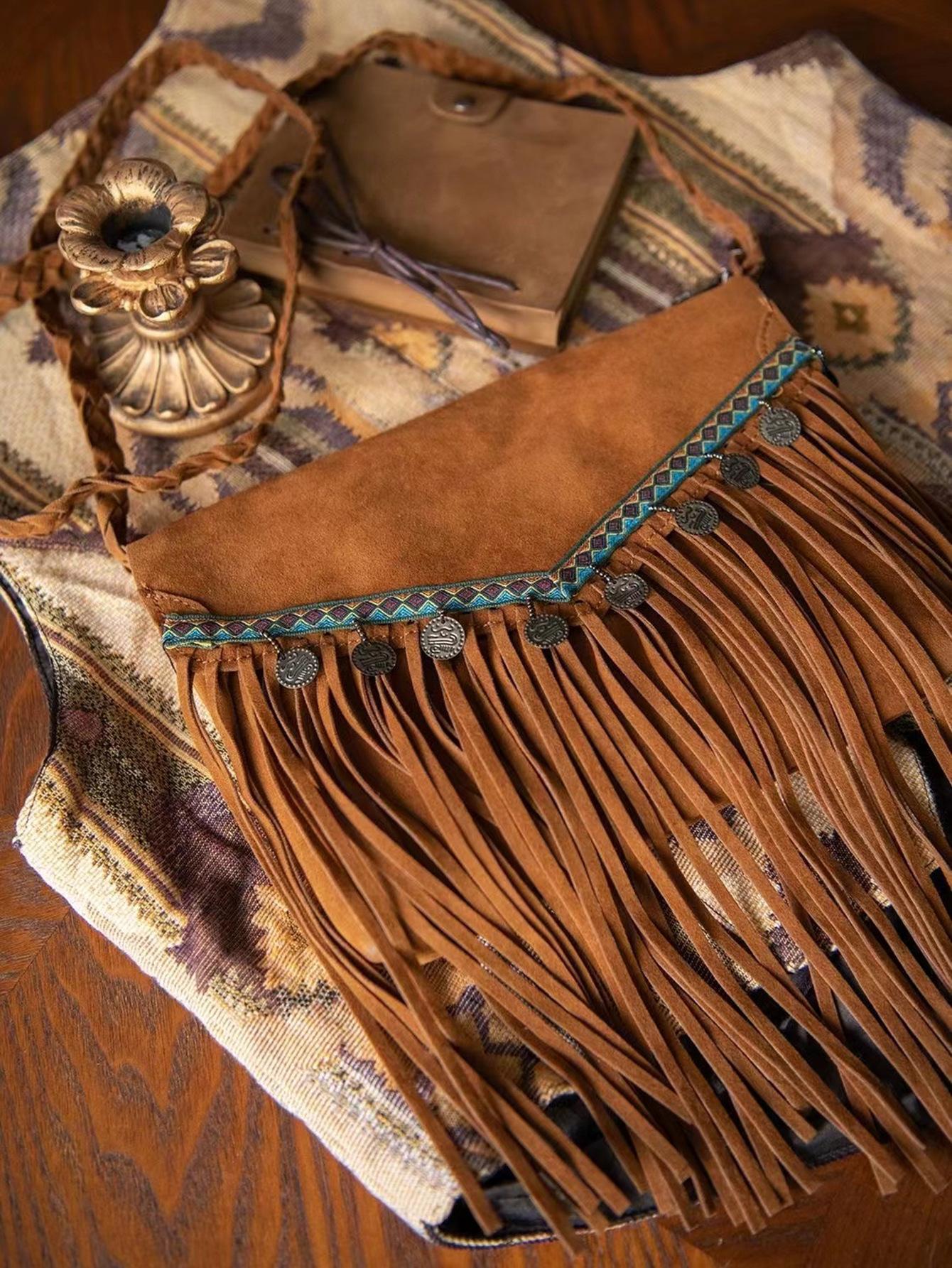 

Ретро этнический стиль путешествия фотография коричневая искусственная замша бахрома диагональная сумка сумка для мобильного телефона универсальная сумка через плечо темно-коричневого