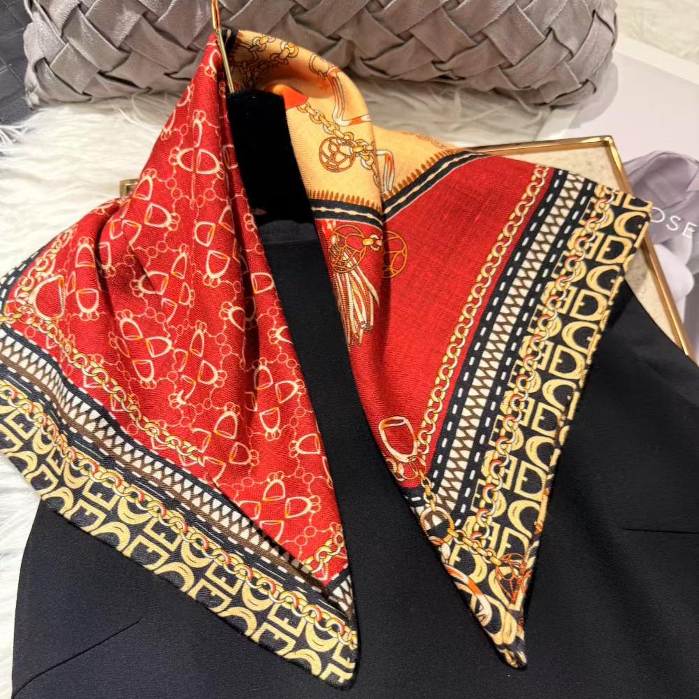BYSIFA| Winter Brand Women Silk Scarves Hijabs Elegant Red Coffee Square 30% Silk 70% Wool Scarf Printed Neck Scarves 70*70cm