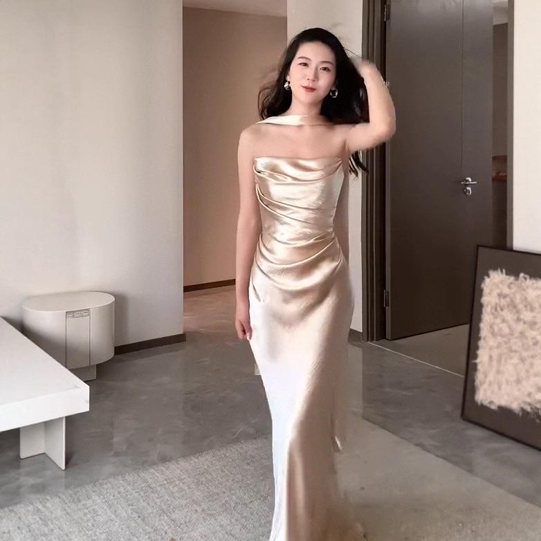 2025 Summer Elegant European & American Women's Strapless Long Sleeve Slim Evening Gown