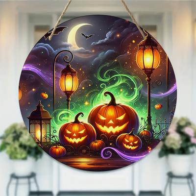 Spooky Pumpkin Lantern Night Scene Round Wooden Hanging Plaque Home Wall Decor Vintage Style Print Indoor Outdoor Festival Party Ornament
