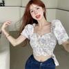 Summer Square Neck Bubble Sleeve Pink Flower Blouse Pullover Short Top Women