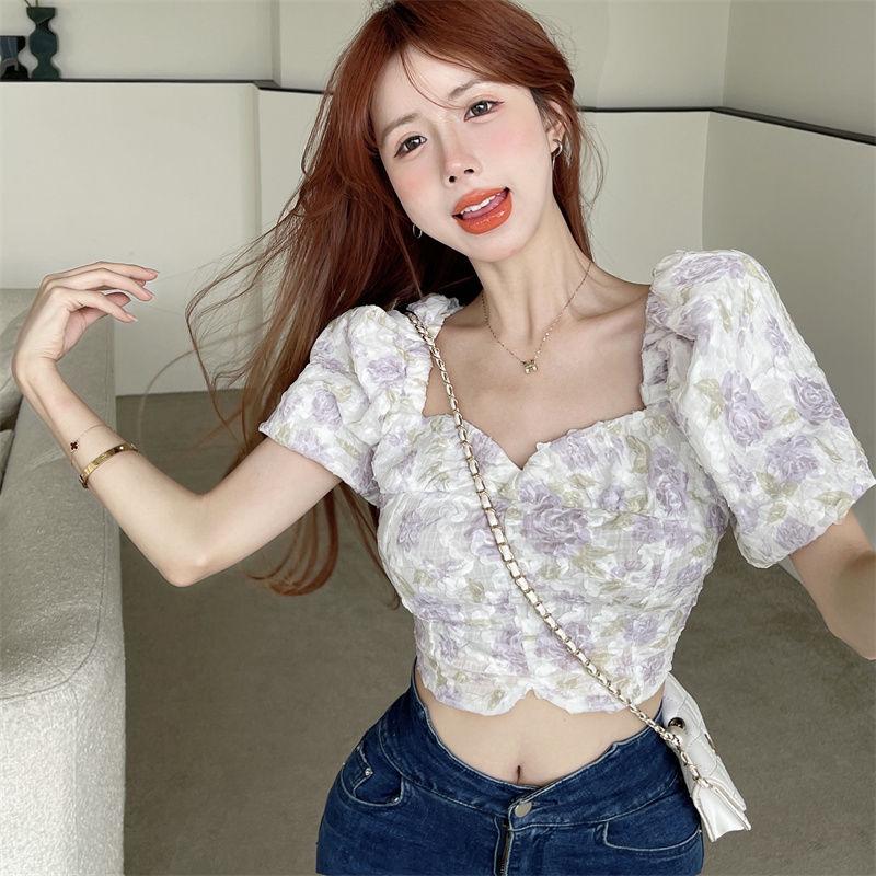 Summer Square Neck Bubble Sleeve Pink Flower Blouse Pullover Short Top Women