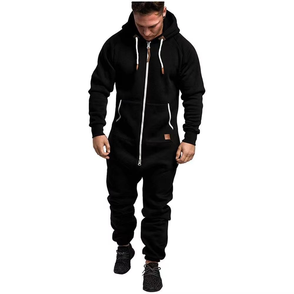 Winter Men's Hooded Fleece Jumpsuit with Solid Color and Color Blocking Casual Workwear Set for Men