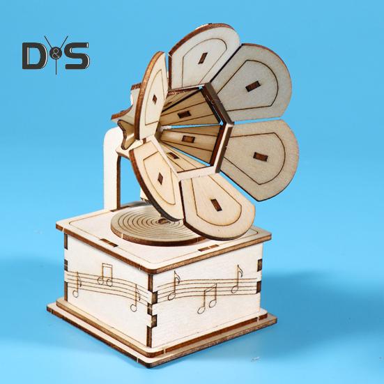 1 Set DIY Retro Gramophone Model Kit Handmade Wooden Puzzle Hand-cranked Phonograph Building Crafts Record Player STEM Project Kids Educational Toy
