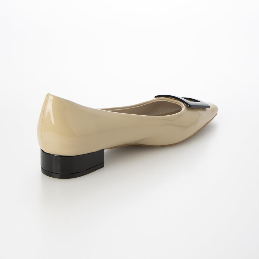 Evol IX5458 Square Buckle Pumps with Beige Patent Size Suitable for All Weather Use Women's 2.5cm Heels, Leather, 23.5cm,