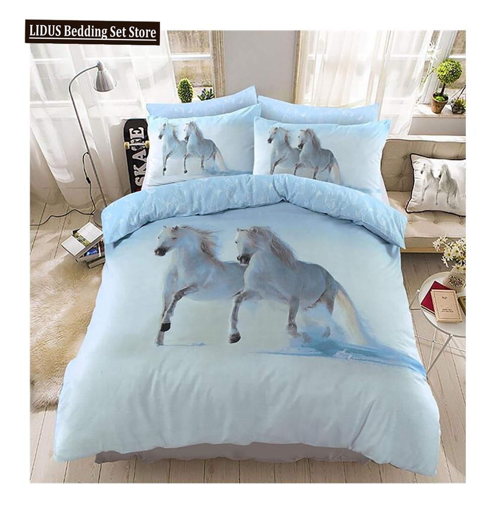 White Horse Duvet Cover Set Queen Size 3D Steed Print Bedding Sets Wildlife Comforter Cover Animals Bedspread Cover Quilt Cover