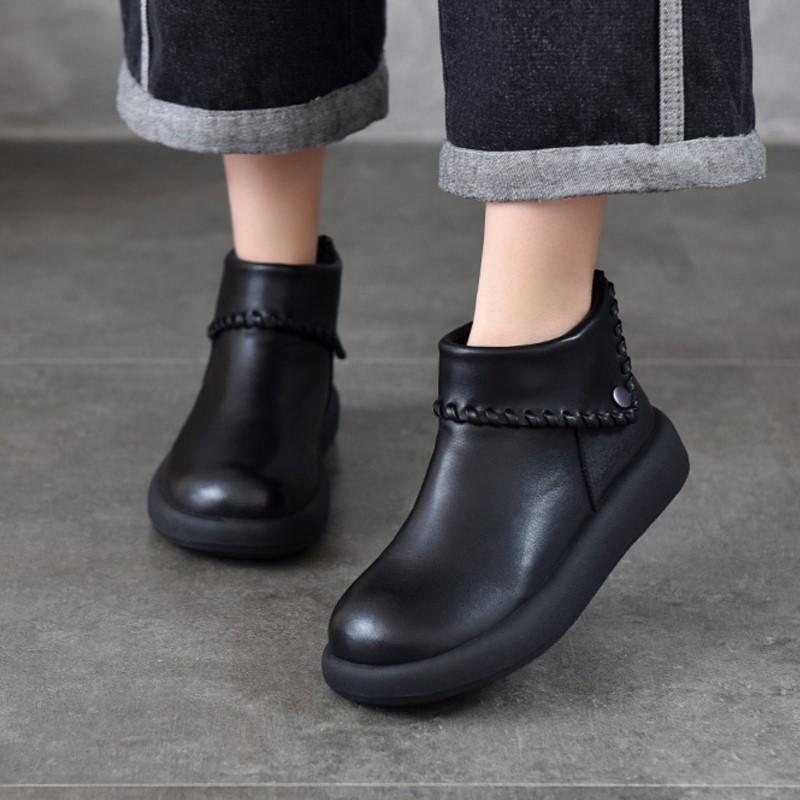 Johnature Turned-over Edge Plush Warm Cotton Shoes Genuine Leather Anti Slip Women's Ankle Boots