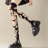 Y2K Irregular Hollow Fishnet Stocking Gothic Cotton Sexy Elastic Stretchable Black Punk Knee Sock Solid Color Ripped Stockings