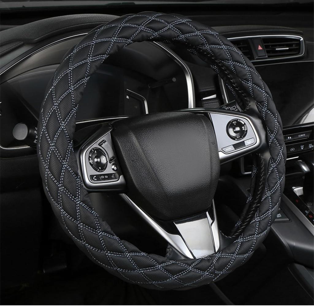 Leather Steering Wheel Cover for Trucks, Dump Trucks, Buses, and Large Vehicles, Anti-Slip (Black x Blue, 40cm) [Parallel Import]