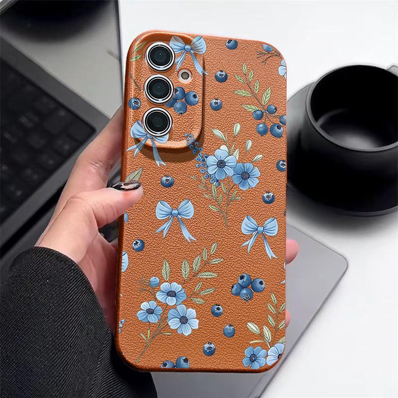 Blaubeer-Schleifen Blumiges Case Für Samsung S26 S25 S24 Ultra S23 S22 S21 FE A15 A16 A17 A26 A35 A36 A37 A54 A55 A56 A57 5G Lederstruktur Abdeckung