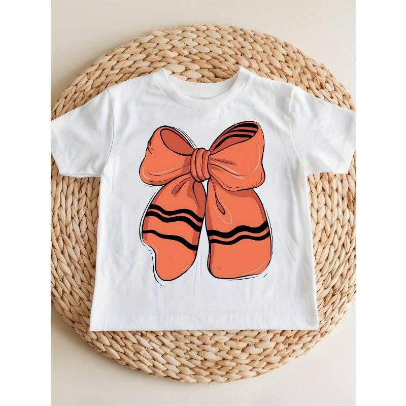

European Size Childrens Crew Neck Short Sleeved T Shirt with Bowknot Pattern Print 164cm білий