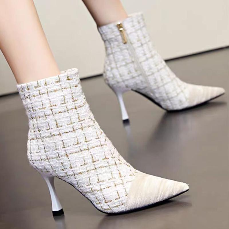 

Pointed Toe Women Snow Ankle Boots Canvas High Heels Sexy Shoes Fashion Winter Chelsea Boots Trend New Pumps Botas De Mujer 40