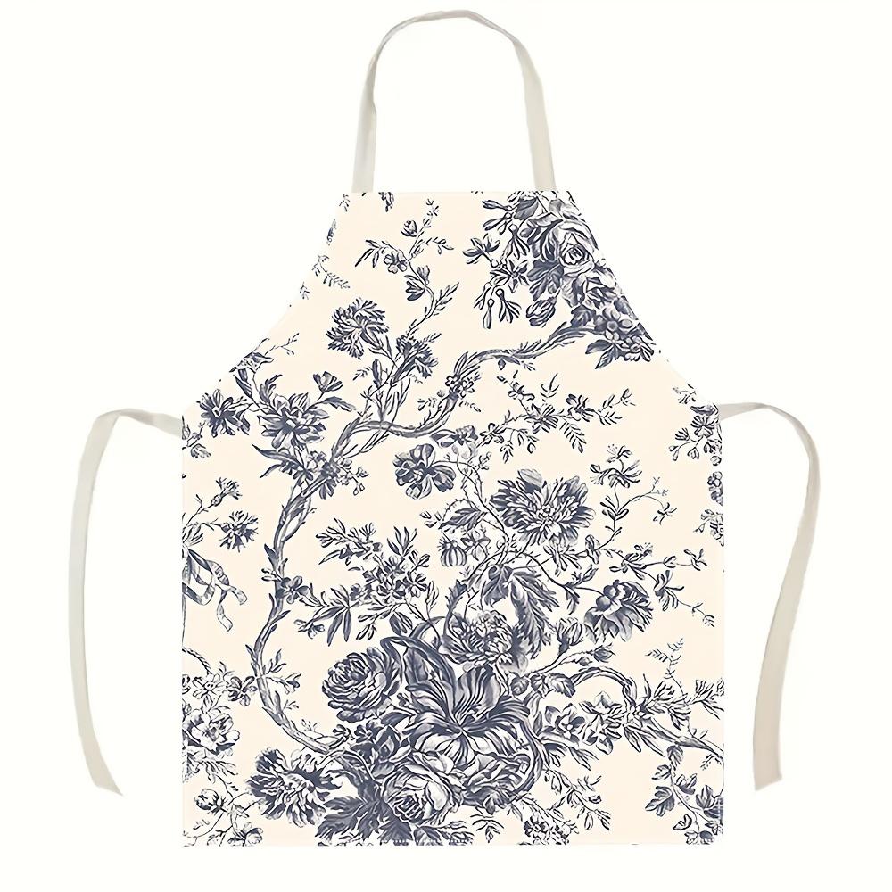 

1pc Blue White Floral Apron Linen Kitchen Cooking Baking Elegant Gift for Women Mom Wife 38X47cm(15X19in)