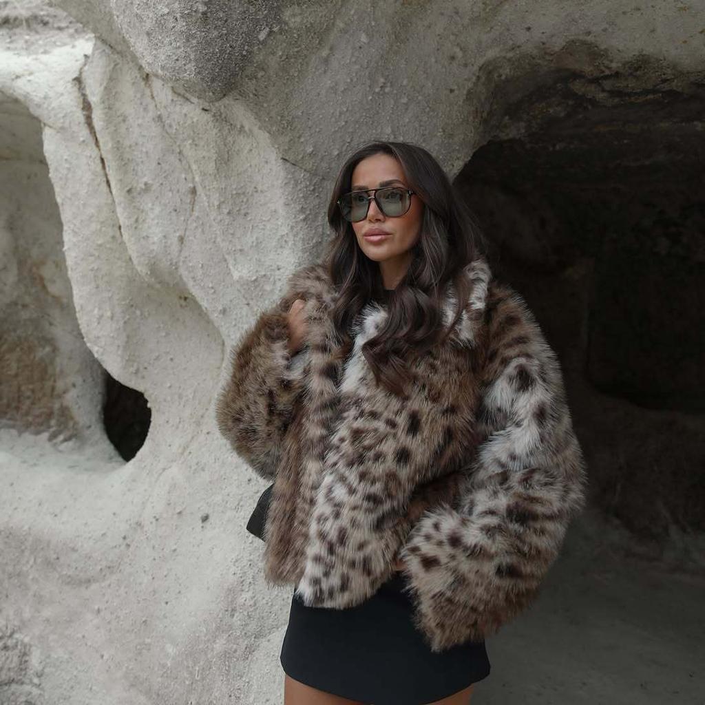 2025 cross-border Europe, America, autumn and winter Amazon's new leopard print woolen jacket women's warm fur collar trend