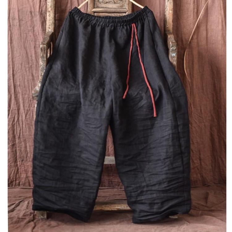 

Женские винтажные свободные брюки с широкими штанинами, эластичной талией, льняные брюки однотонного цвета с завязками от Johnature One Size чёрный