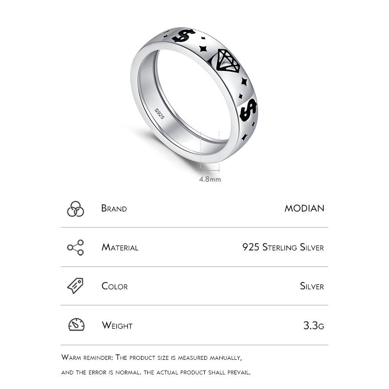 Modian 925 Sterling Silver Money & Diamond Pattern Stackable Finger Ring Trendy Punk For Women Fine Jewelry Gift