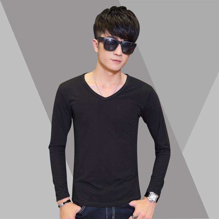 

Men s Long-Sleeve Cotton V-Neck T-Shirt - Slim Fit, Solid Color, Korean Style for Spring and Autumn Large
