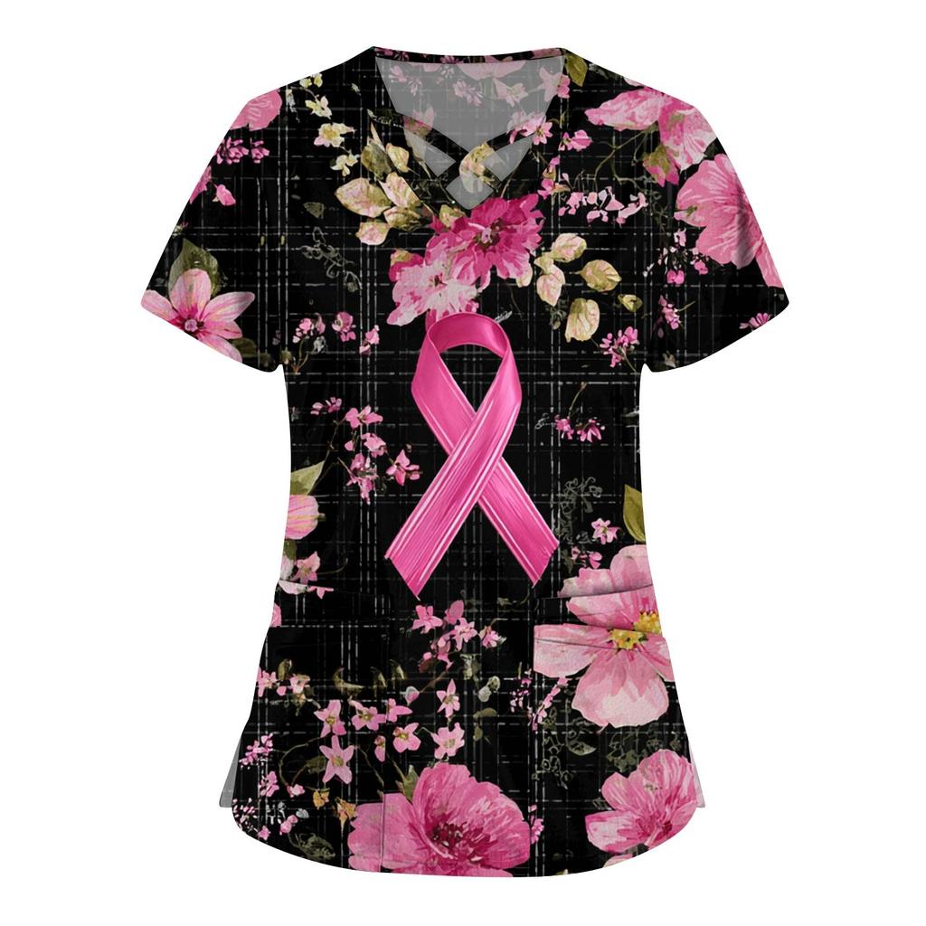 Women's Fashion  V-Neck Short Sleeve Overalls Double Layer Pocket Printed Tops  Apparel