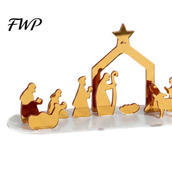 Christmas Tabletop Decorations Acrylic Ornament, Mirrored Golden Silhouette Scene, Decorative Living Room Table Decor Desktop Display for Holiday