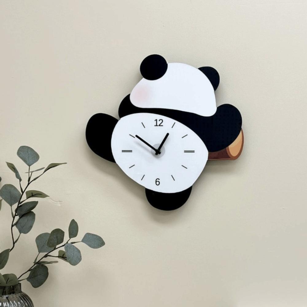 Fashion Cartoon Swinging Panda Wall Clock Silent Animal Hanging Watch Wooden Panda Mute Clock Kids' Bedrooms